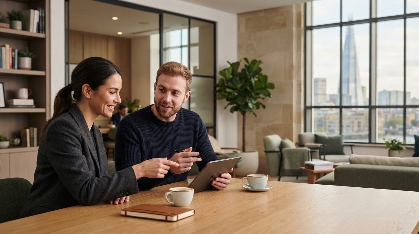 Croxley — a mature couple reviewing their investment plans together in a bright, calm setting